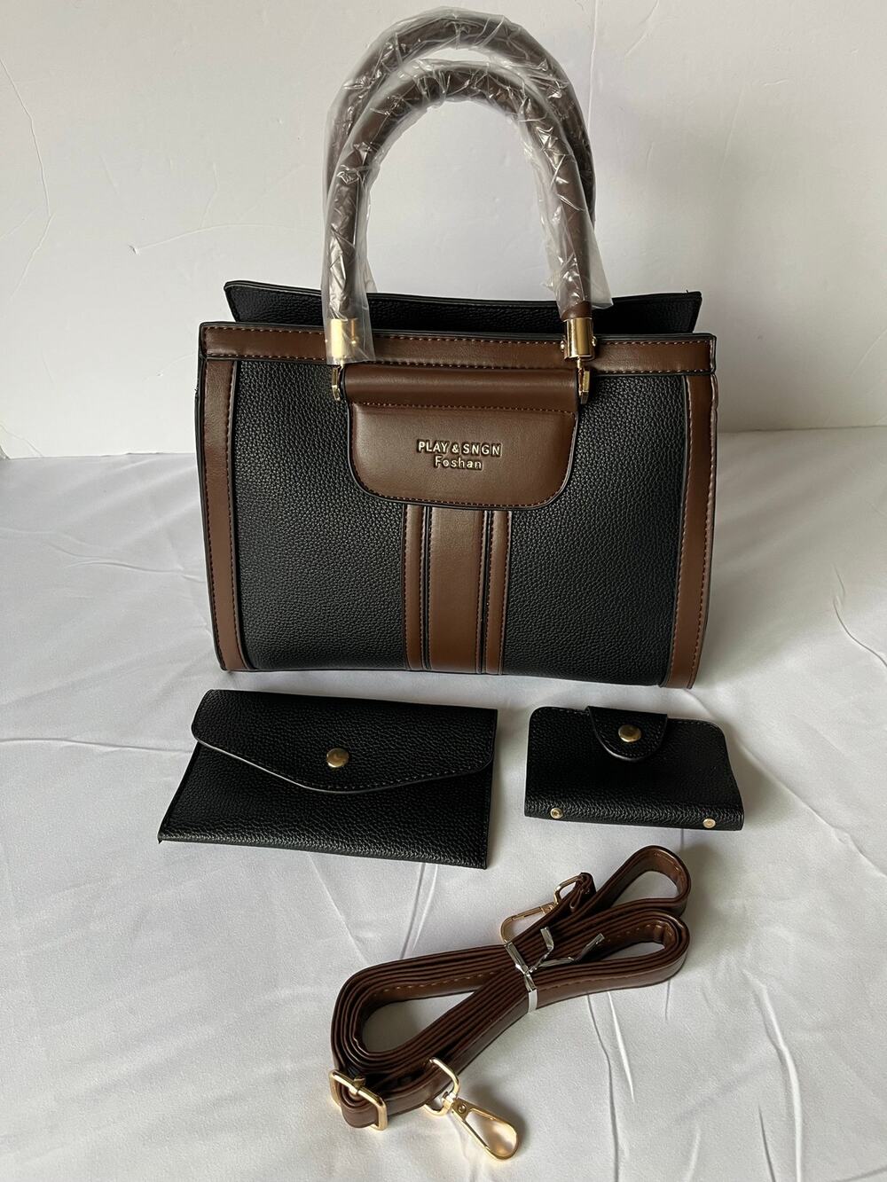 New Black Faux Leather Satchel Tote Handbag Crossbody Purse Wallet 3 Pc Set